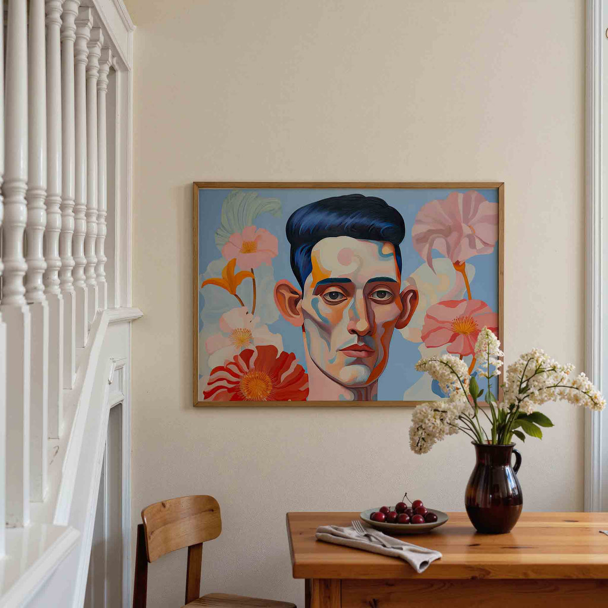 Portret met bloemen – liggende illustratie poster als wanddecoratie