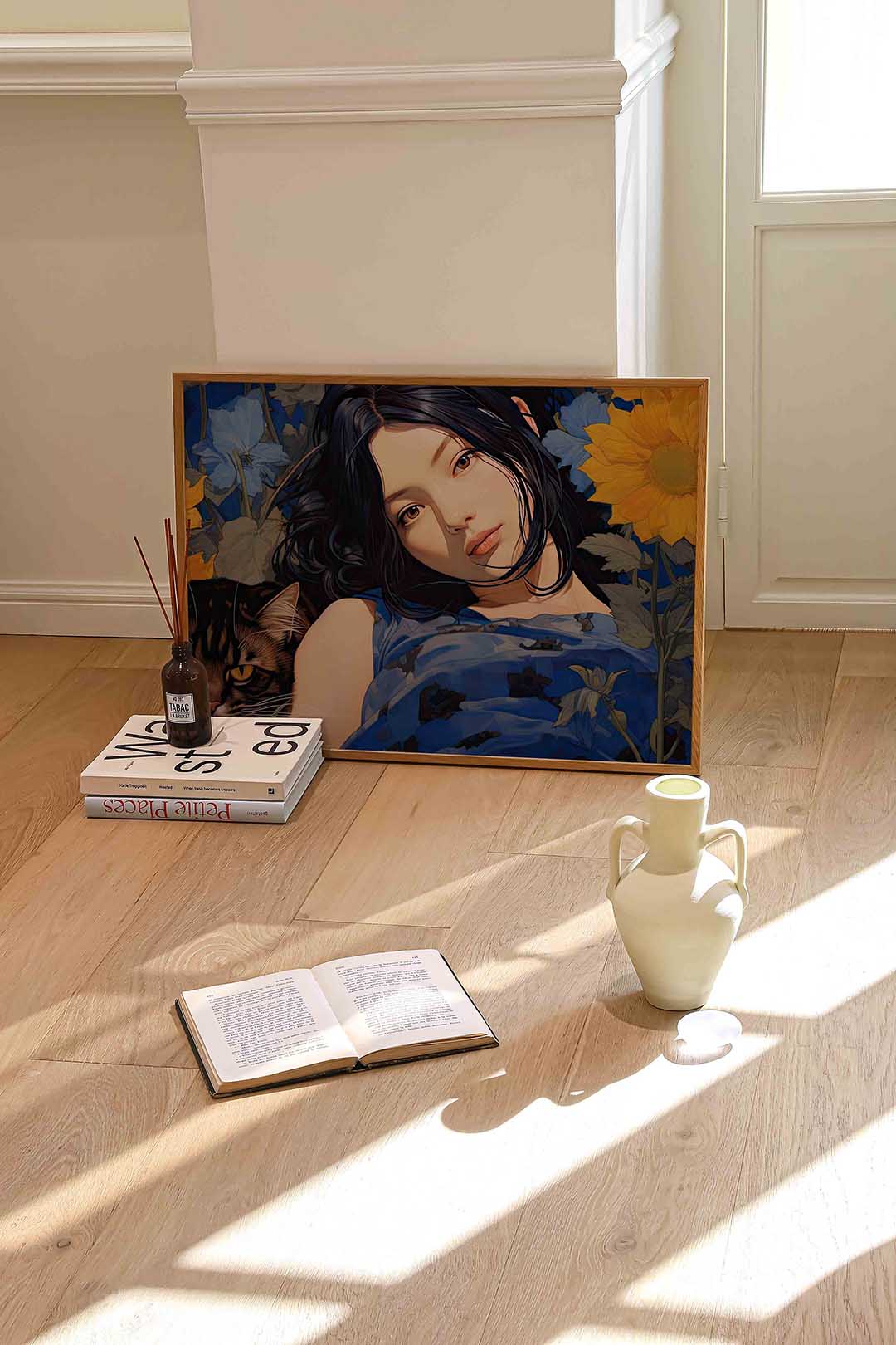 Vrouw en kat met bloemen – liggende portret wanddecoratie van WallArtistic