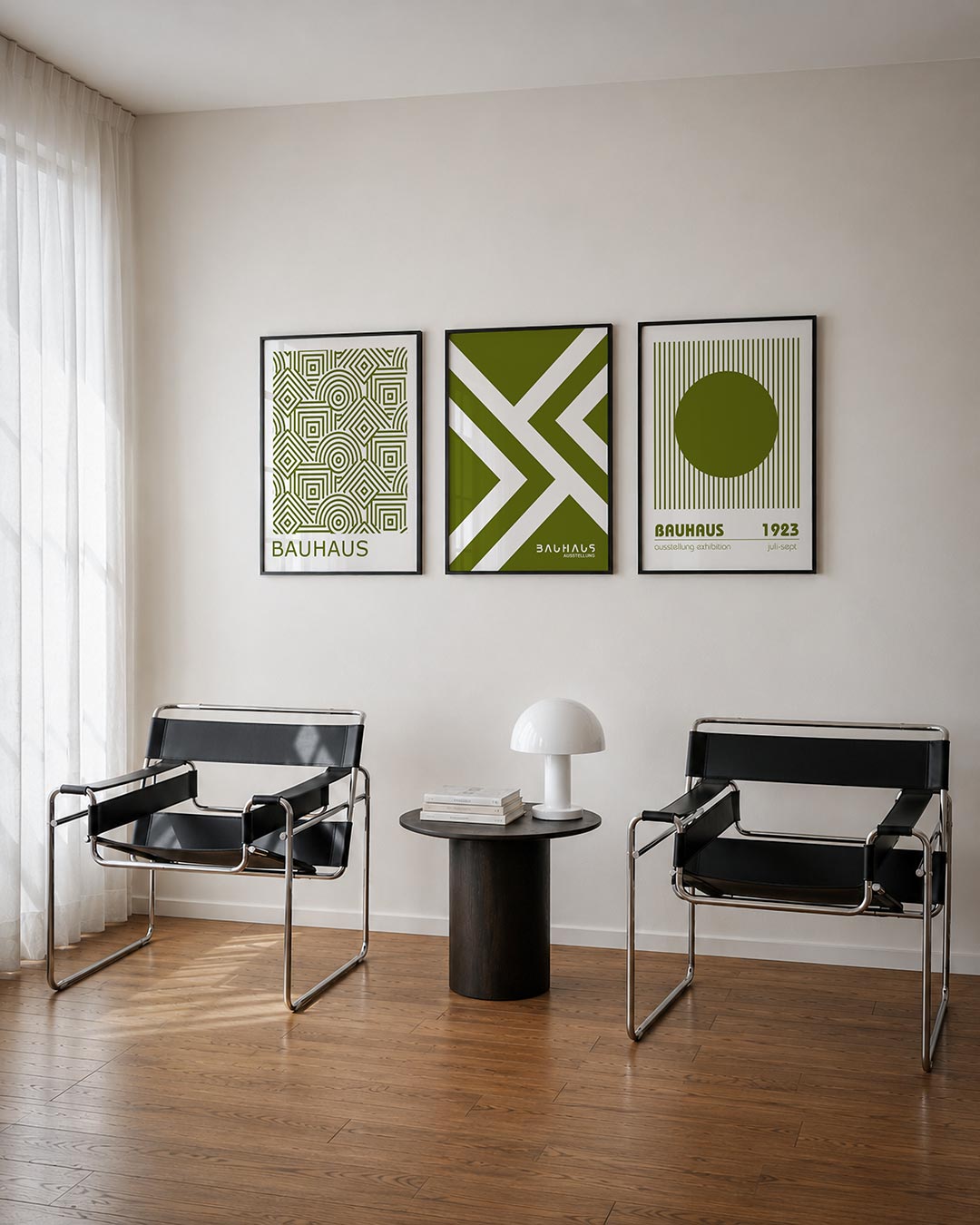 Lijnen en patronen driedelige posterset – deze posterset in drie delen toont een ritmisch lijnenspel van vierkanten en halve