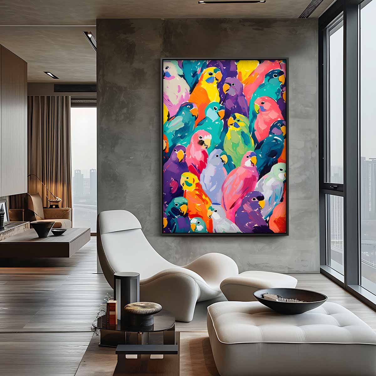 Kleurrijke Papegaaienpracht – staande wandkunst voor woonkamer of interieur