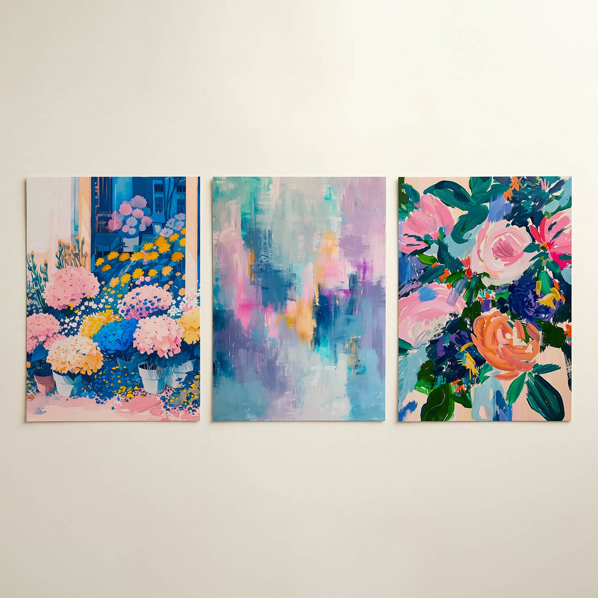 Bloemrijke kleurvlakken posterset – detailweergave – deze kleurrijke compositie toont een weelderige tuin met