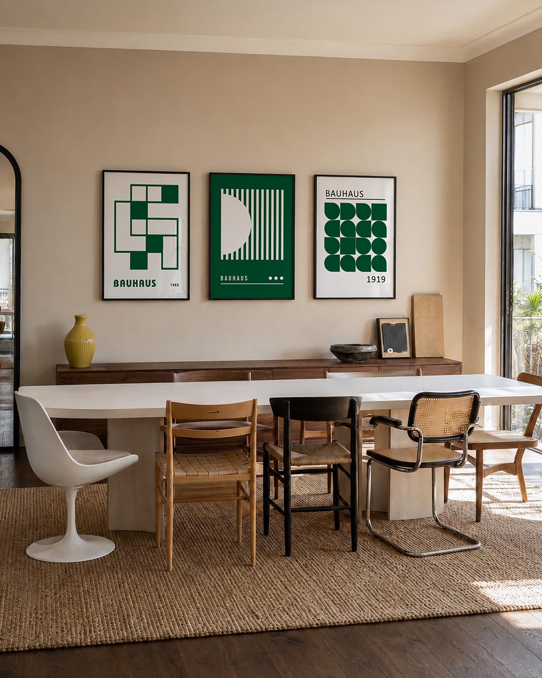 Vorm en lijnenspel posterset – tweede productweergave – deze posterset in drie delen toont een dynamisch spel van groene