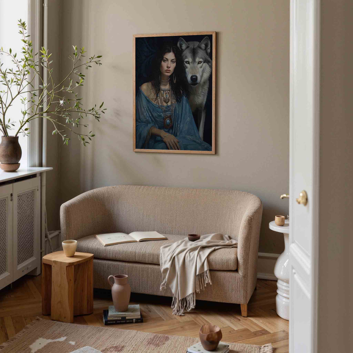 Vrouw en wolf – botanische poster in staand formaat