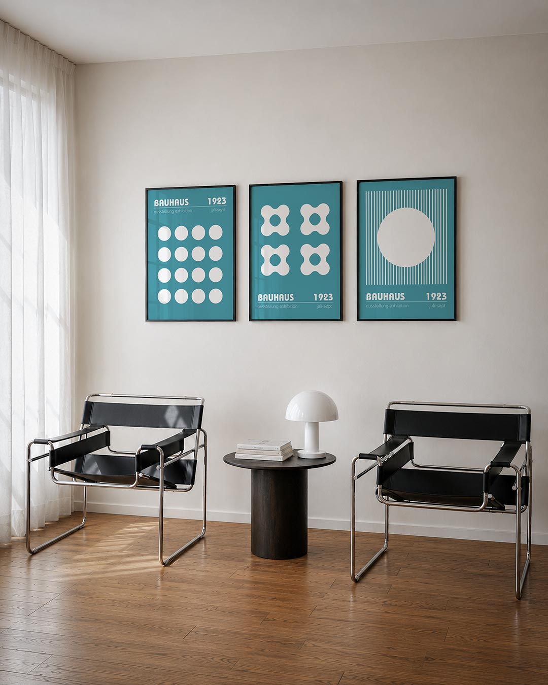 Cirkelpatroon blauw posterset – derde productweergave – deze poster toont een strak patroon van witte cirkels op een blauwe