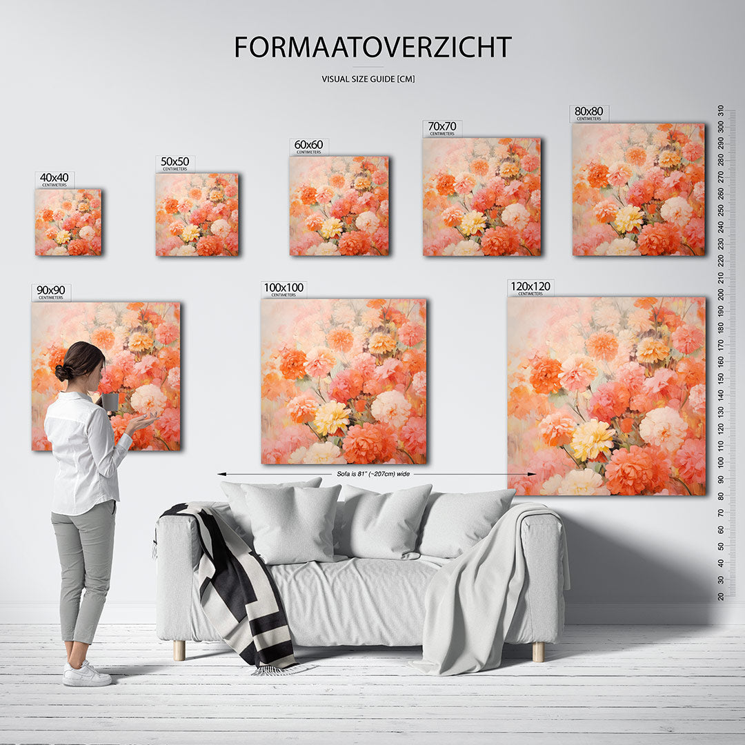 Bloemenexplosie kunstwerk – dit werk toont een overvloed aan bloemen in warme tinten. De compositie is dynamisch en levendig