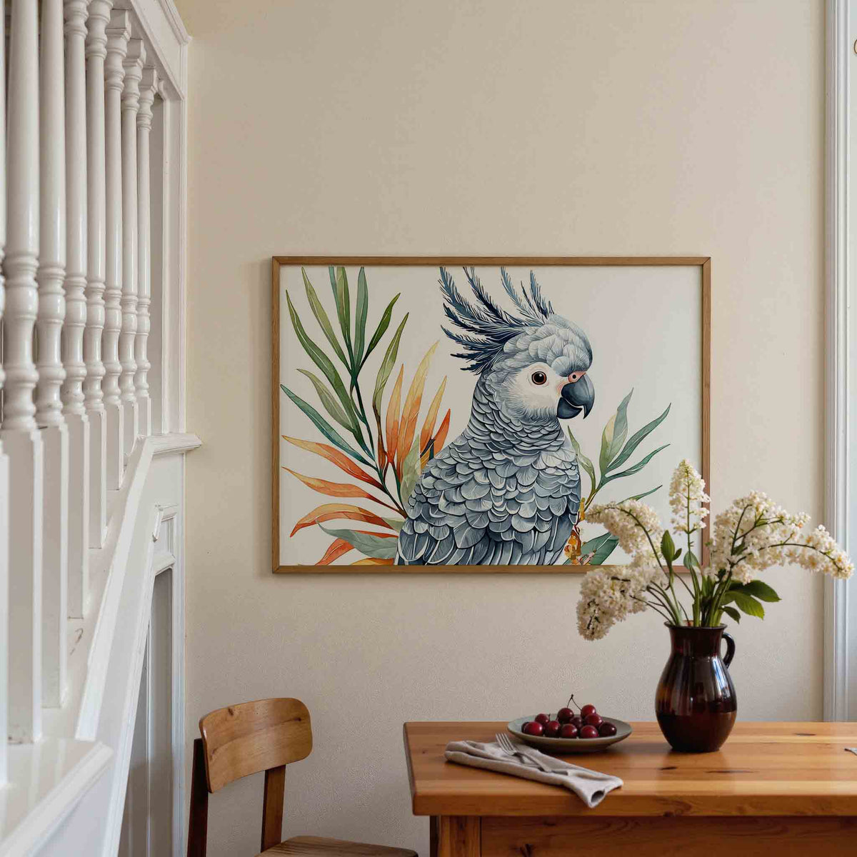 Papegaai met bladeren – tropische poster in liggend formaat