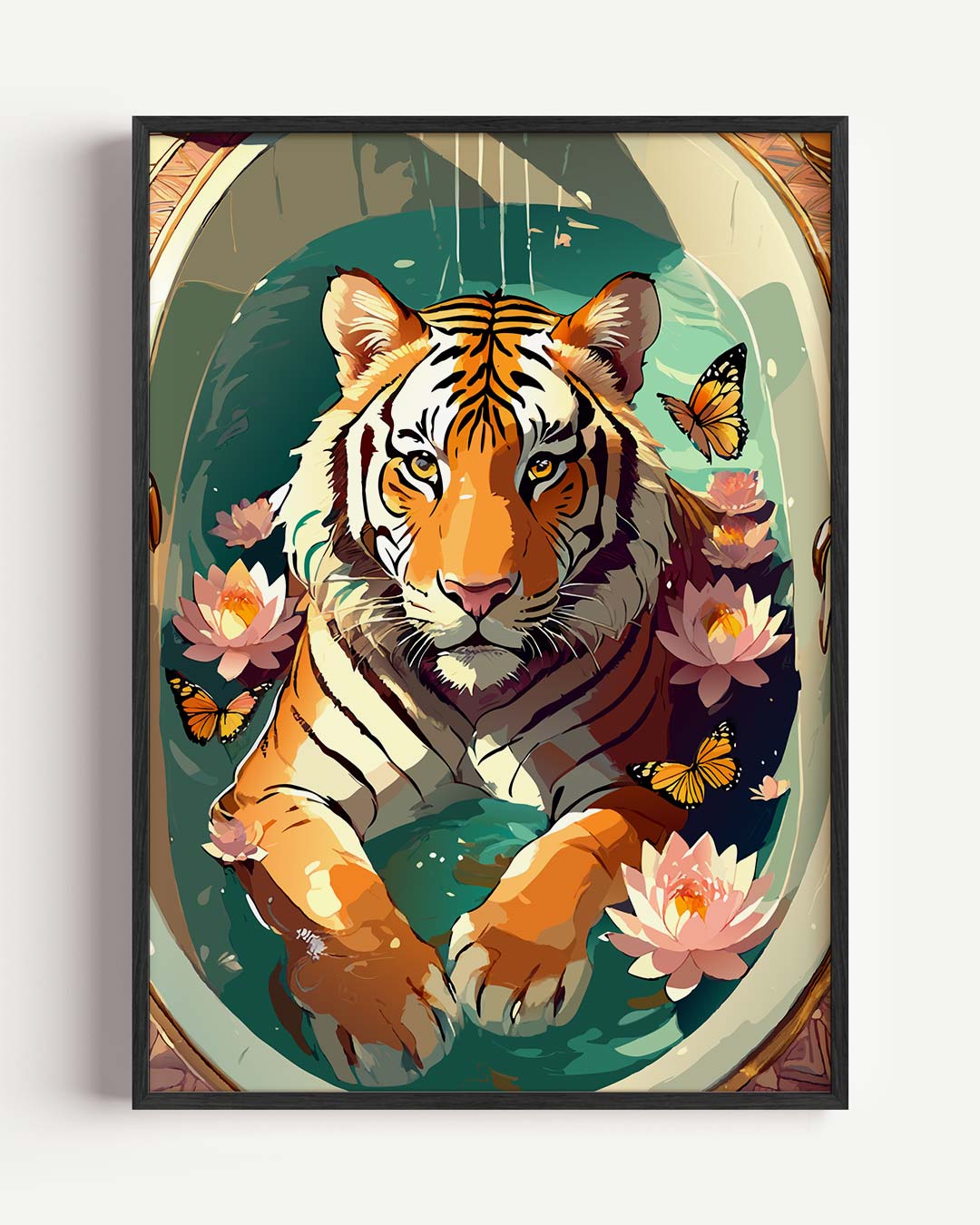 Tijger in Lotusvijver – dieren portret poster als wanddecoratie