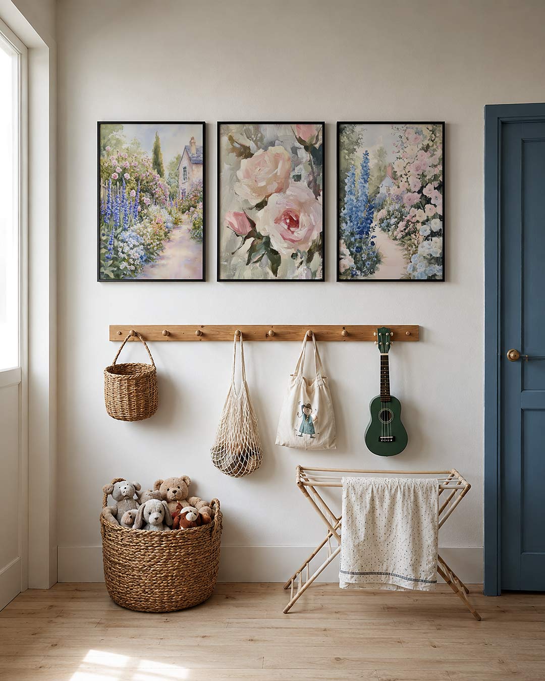 Bloemrijke tuinpad posterset – detailweergave – een tuin met weelderige bloemen in zachte pasteltinten