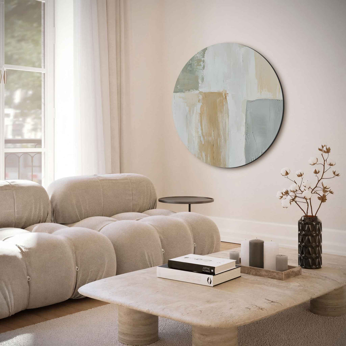 Abstracte beige en grijze – muurcirkel met abstracte texturen voor aan de muur