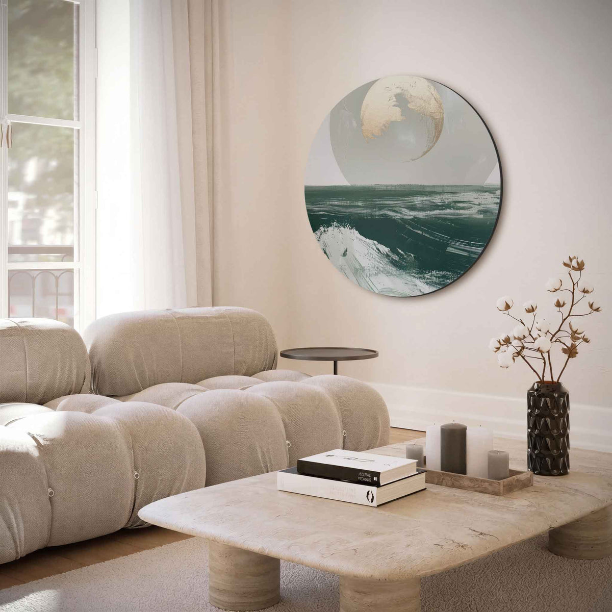 Maan boven oceaan – muurcirkel met abstracte texturen voor aan de muur