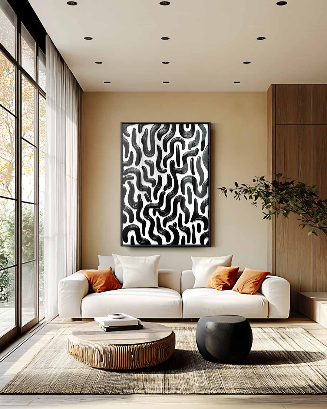 Dynamische Zwarte Stroom – staande wandkunst voor woonkamer of interieur