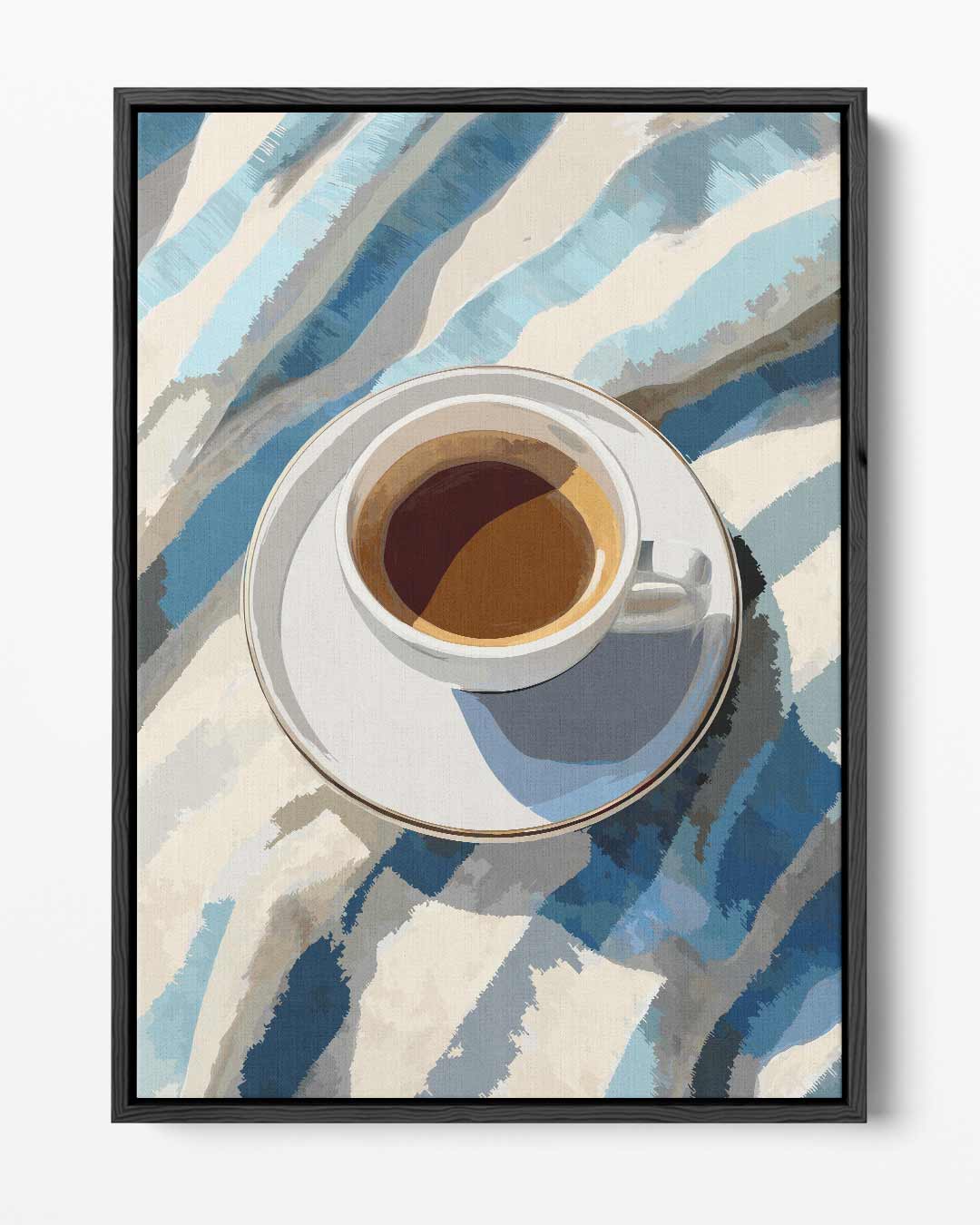 Koffiemoment in Blauwe Strepen – portret kunstwerk als wanddecoratie