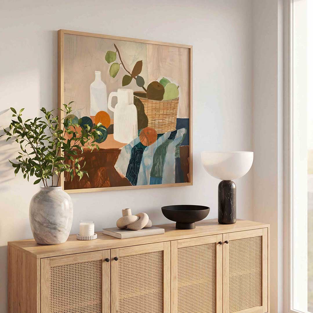 Stilleven met fruit en kruik – kunst en design poster in vierkant formaat