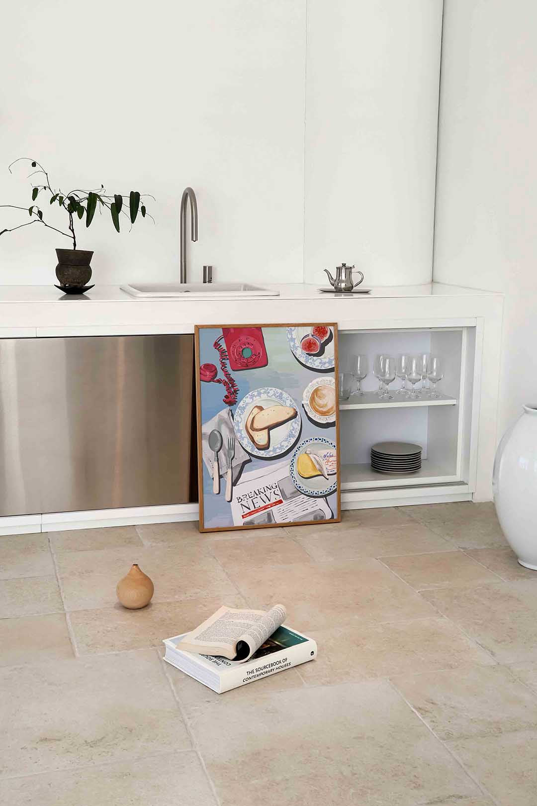 Ontbijttafel met telefoon – culinaire wandkunst als portret poster