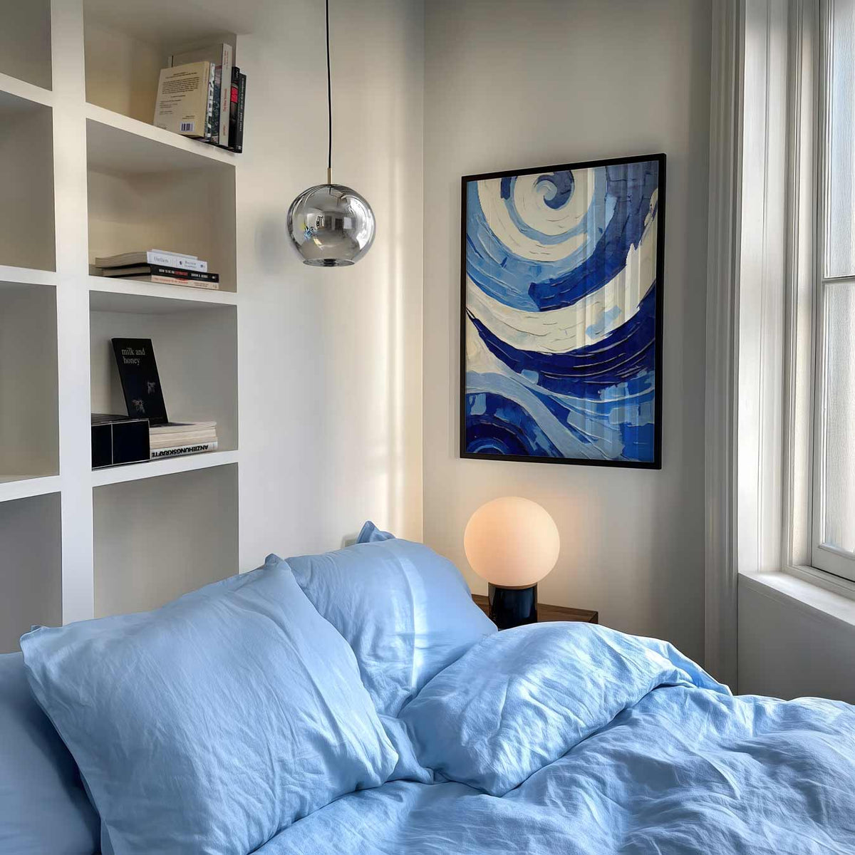 Dromerige Blauwe Wervelingen – abstracte poster als moderne staande wanddecoratie
