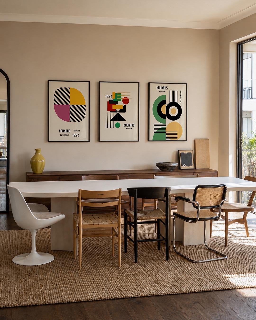 Vorm en kleurenspel driedelige posterset – deze posterset in drie delen toont een dynamisch spel van halve cirkels en