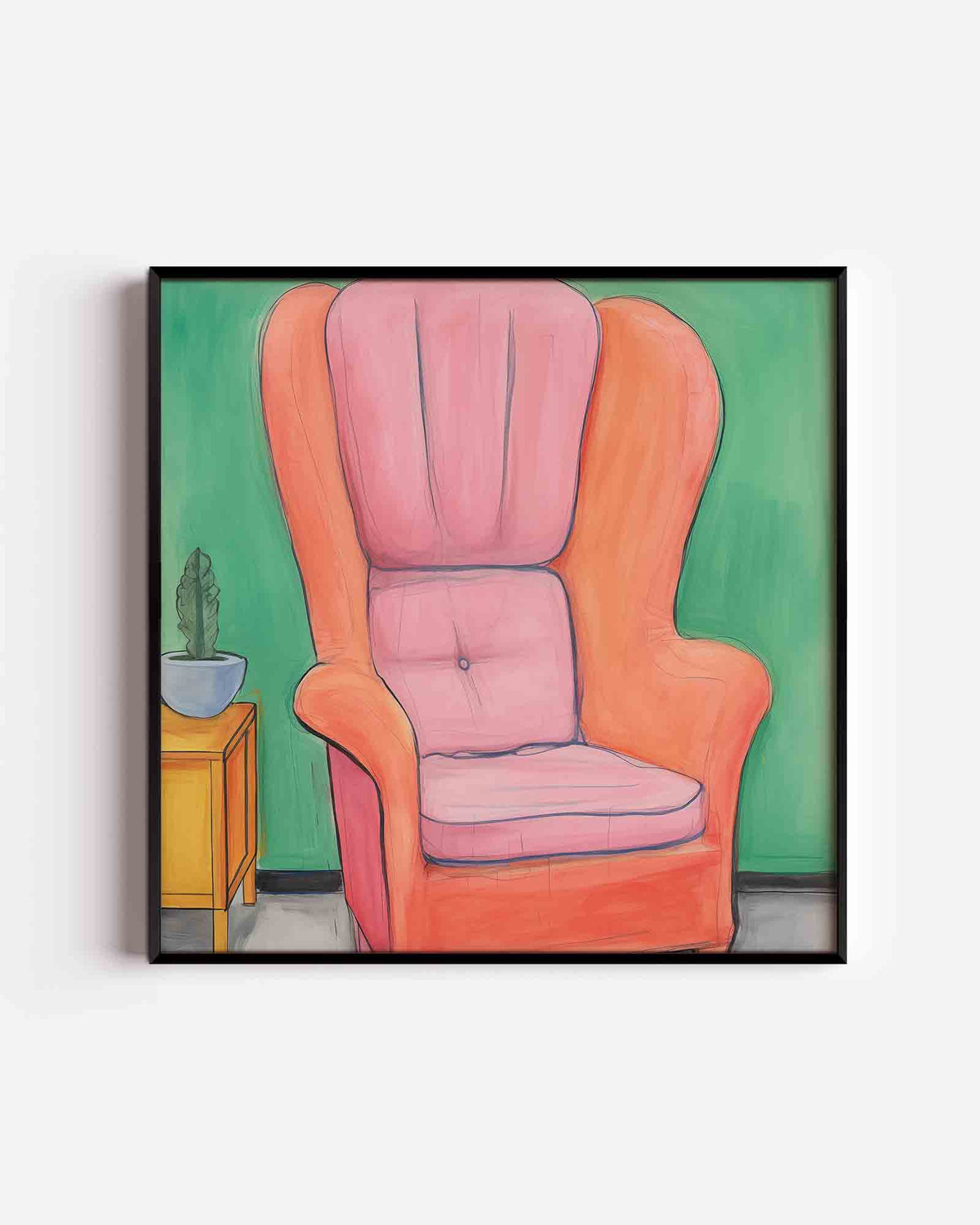 Roze fauteuil en groene muur – design vierkante poster als wanddecoratie