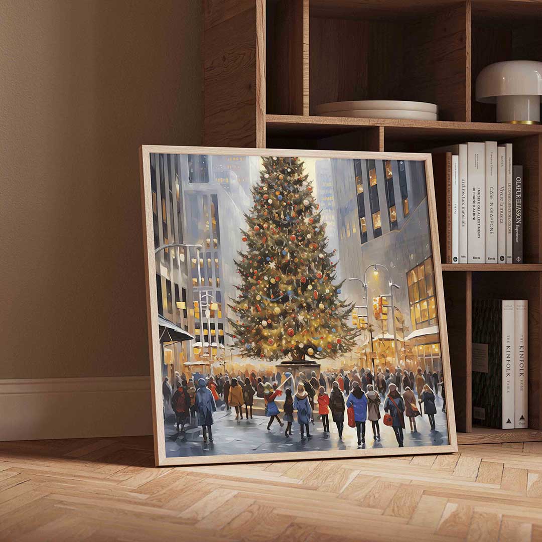 Kerstboom in de stad – vierkante kerst wanddecoratie van WallArtistic