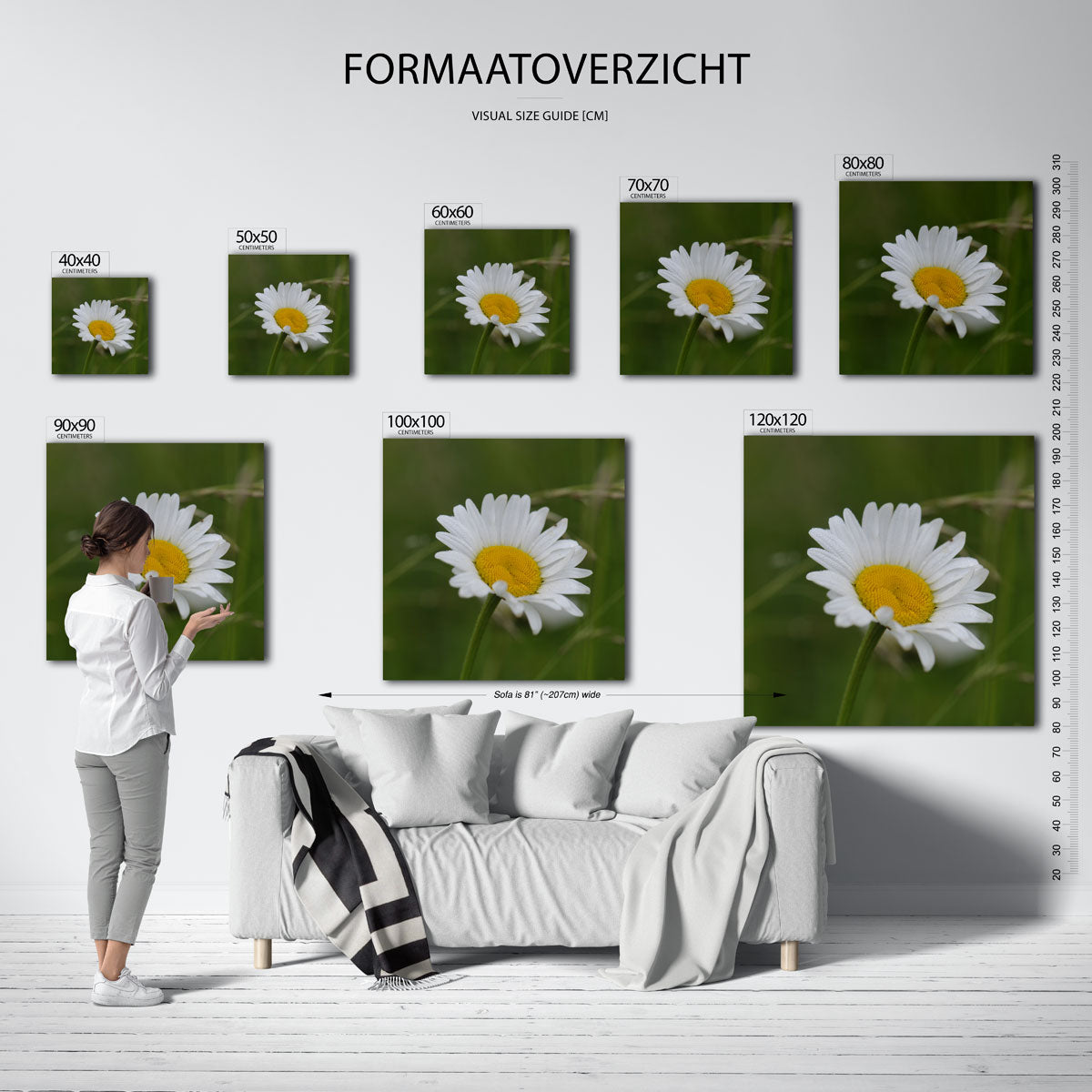 Bloem close up poster – sfeerbeeld – deze poster toont een close-up van een witte bloem met een gele kern tegen een groene