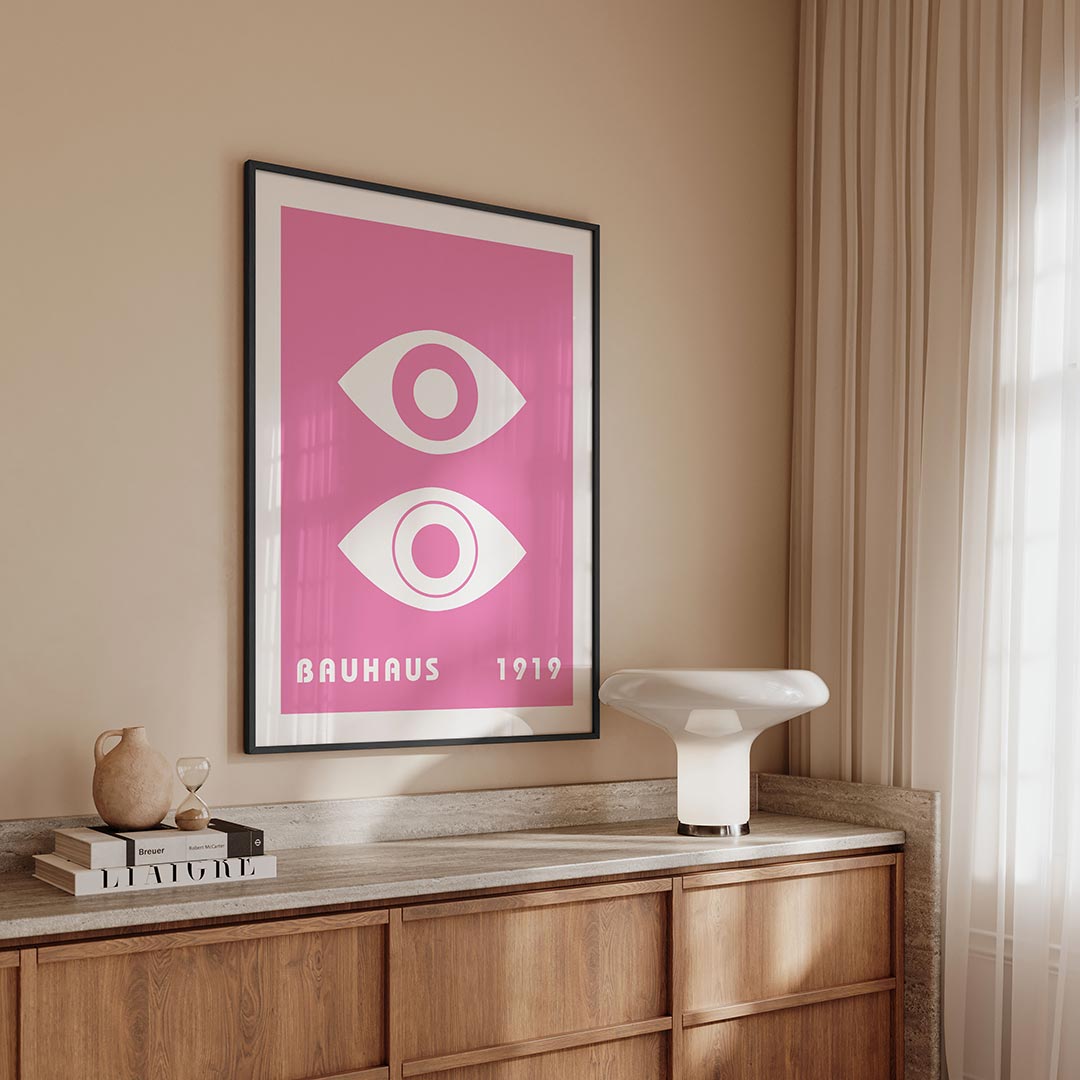 Oogvormen en roze – geometrische Bauhaus poster in staand formaat