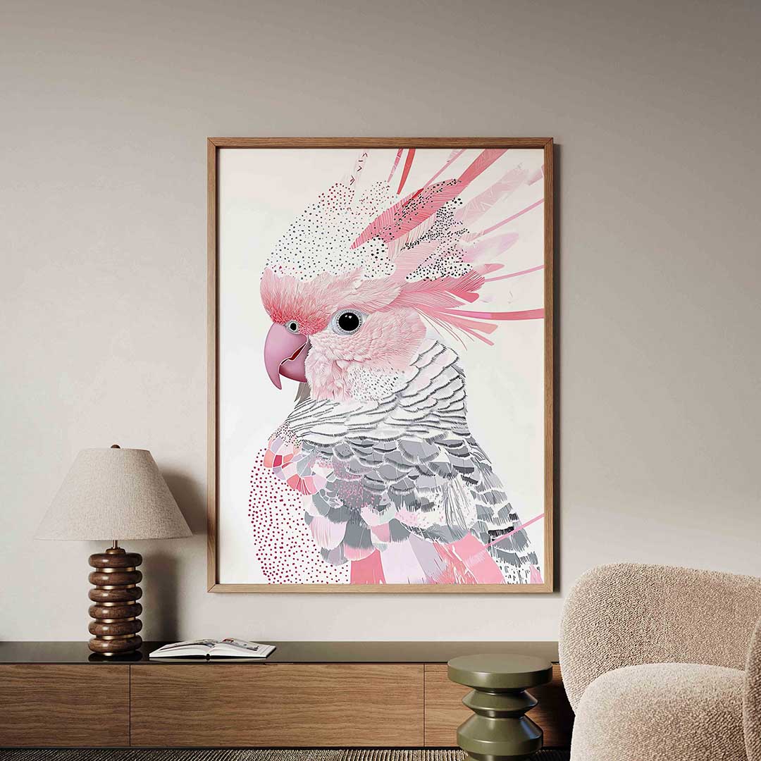 Papegaai met roze veren – dieren poster in staand formaat