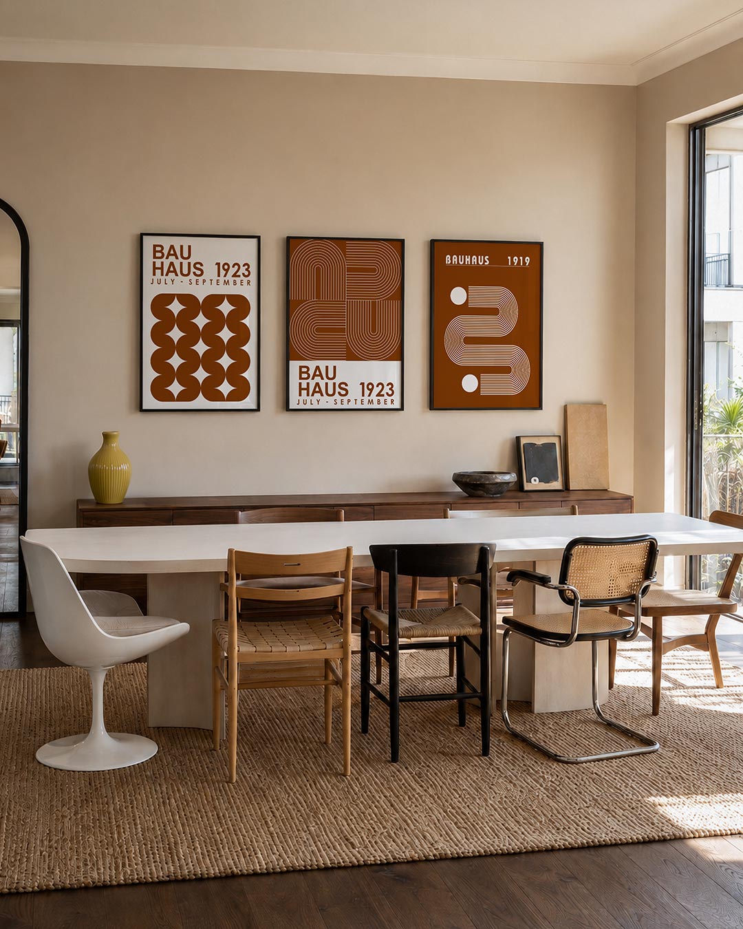 Vorm en herhaling posterset – tweede productweergave – deze posterset in drie delen toont een ritmisch patroon van bruine