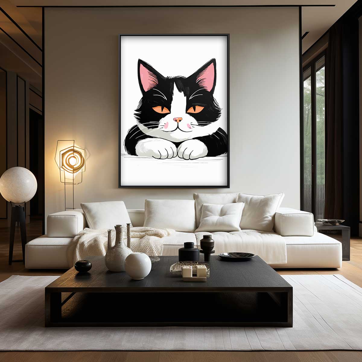 Knappe Kat met Oranje Ogen – kunstwerk met zwarte baklijst