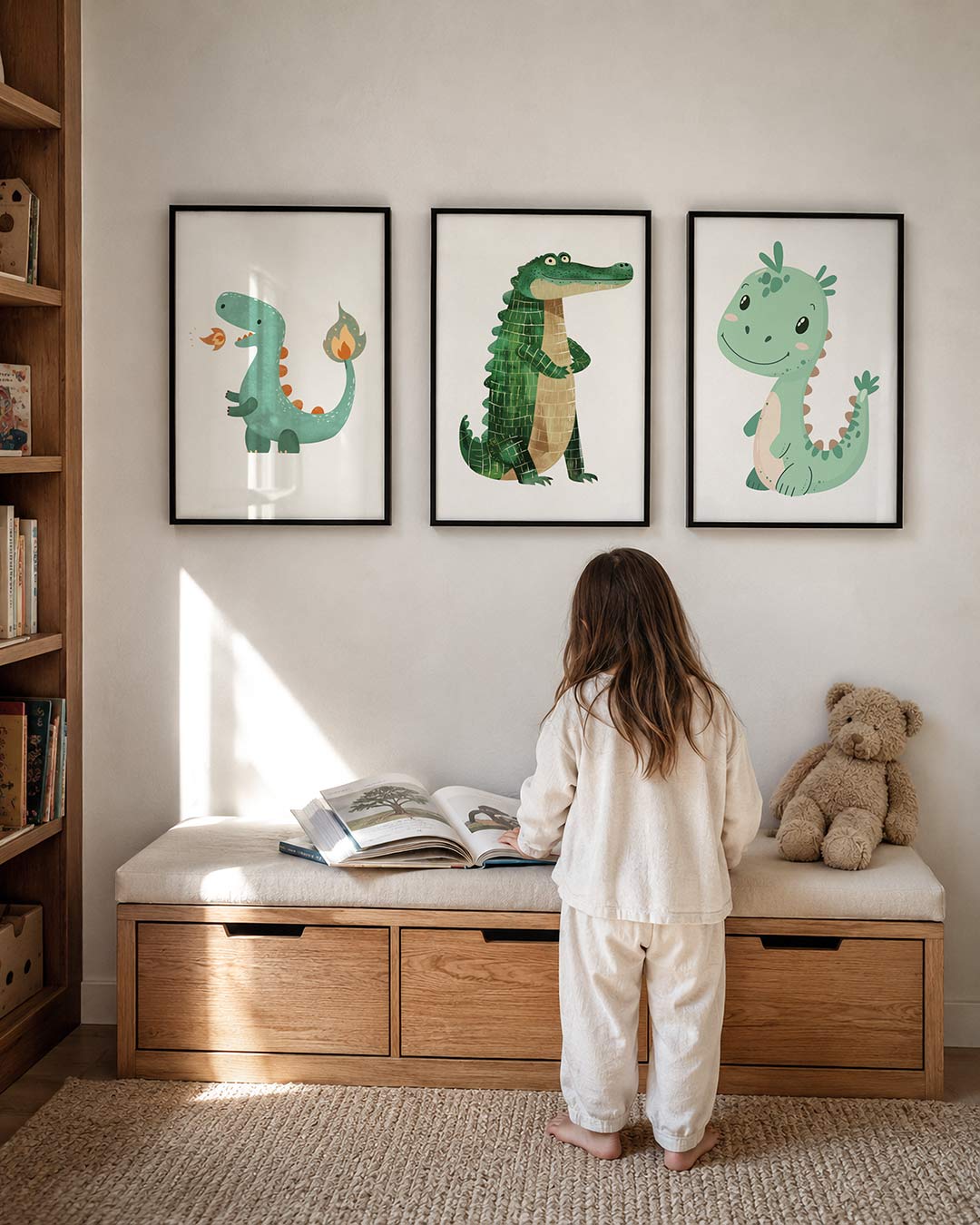 Vrolijke illustratie posterset – derde productweergave – een speelse groene figuur met oranje accenten blaast een