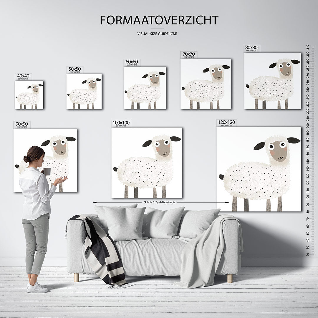 Vrolijk schaap kunstwerk – sfeerbeeld – dit kunstwerk toont een schattig schaap met een speelse uitstraling. De zachte