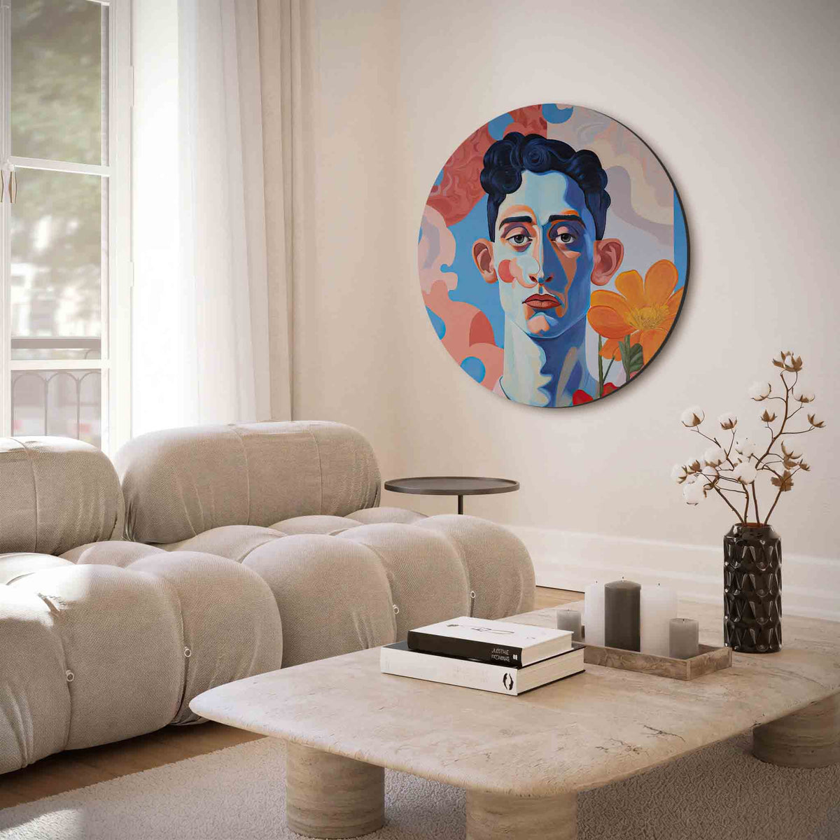 Portret met bloemen – muurcirkel met abstracte texturen voor aan de muur