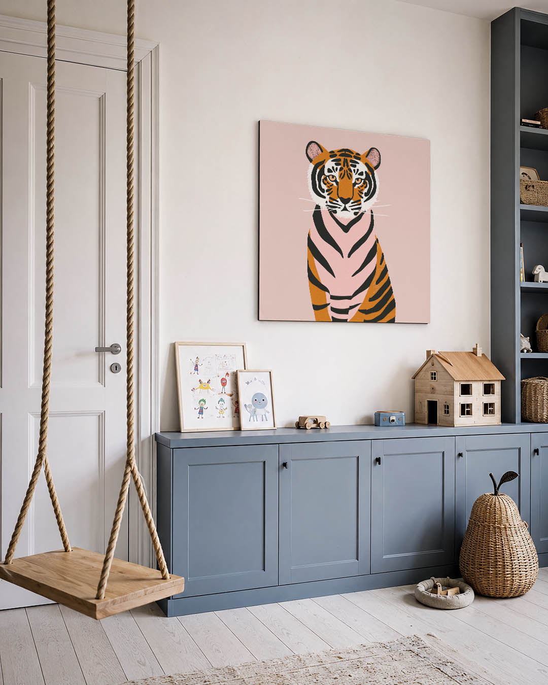 Gestileerde tijger kunstwerk – vierkante wanddecoratie – dit werk toont een gestileerde tijger met strakke lijnen en
