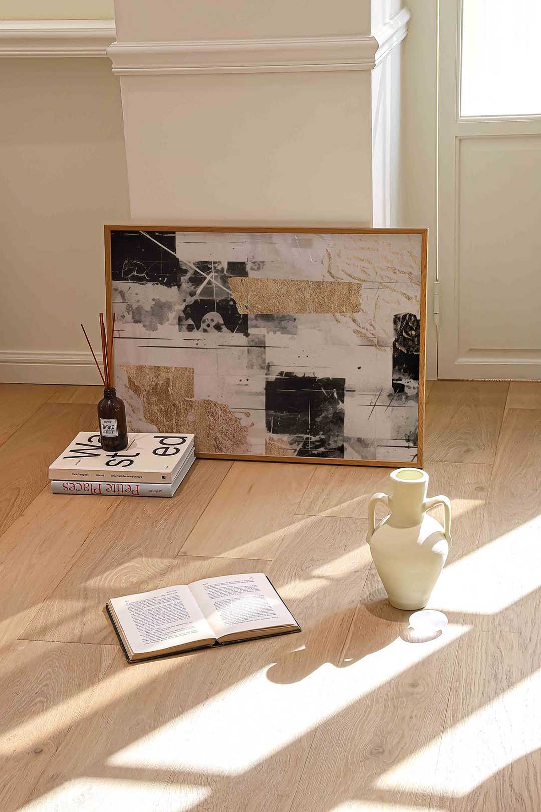 Abstracte vormen en goud – liggende abstracte wanddecoratie van WallArtistic