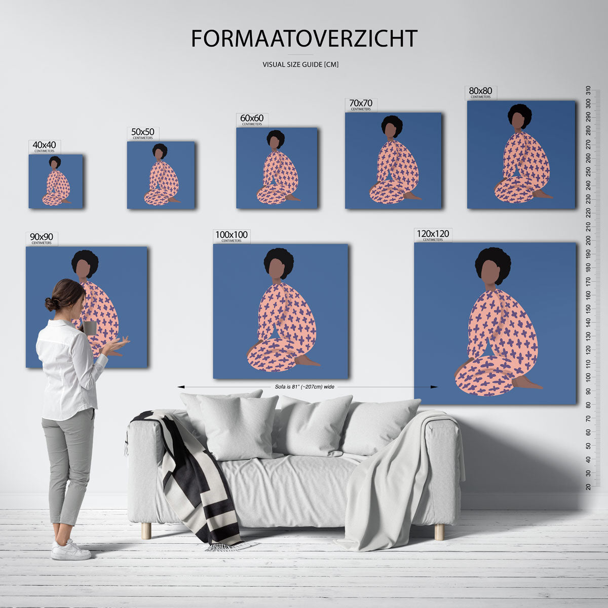 Zittende figuur met patroon – vierkante muurposter met vrouwelijk portret