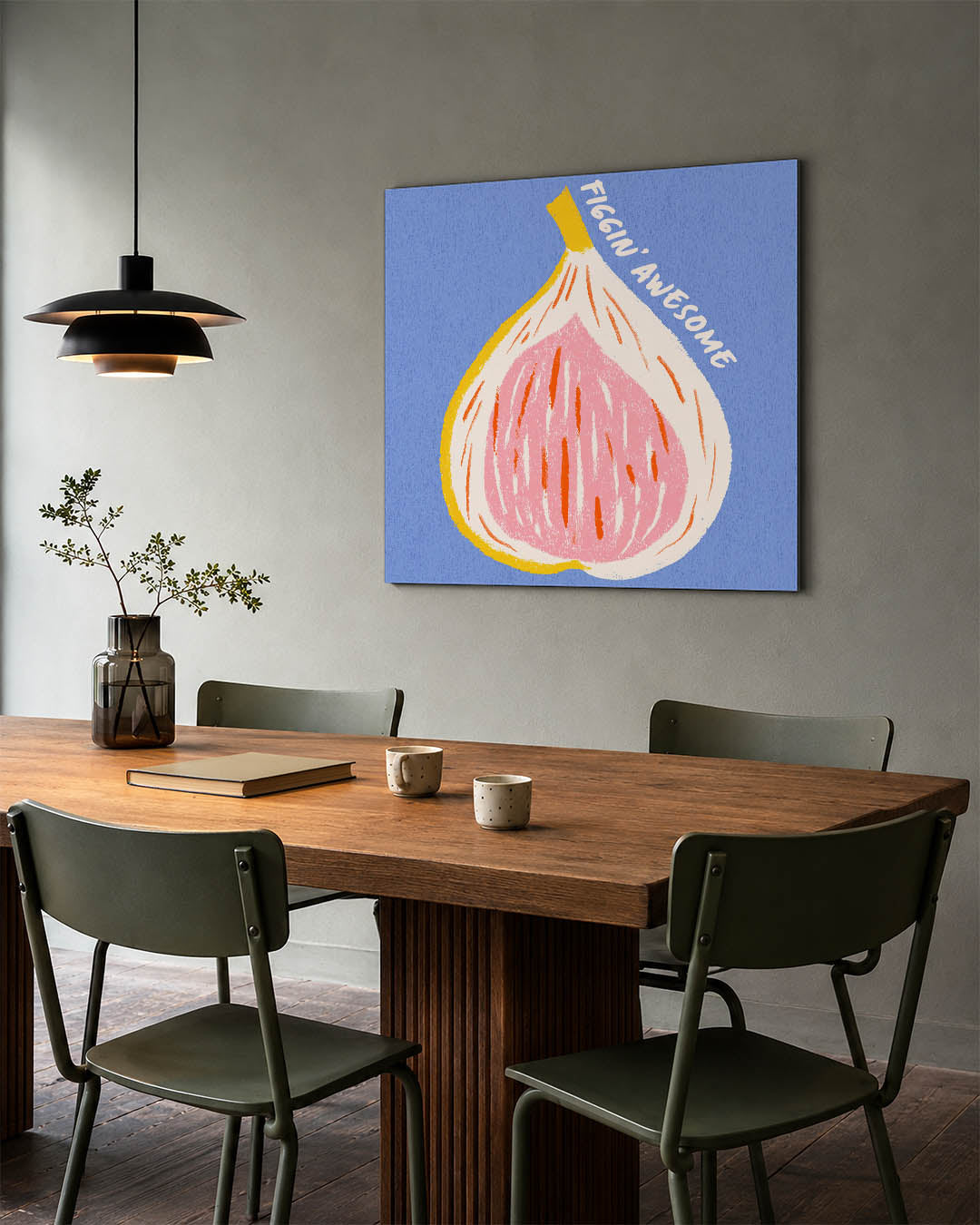 Vrolijke vijg illustratie kunstwerk – tweede productweergave – dit werk toont een kleurrijke vijg tegen een blauwe