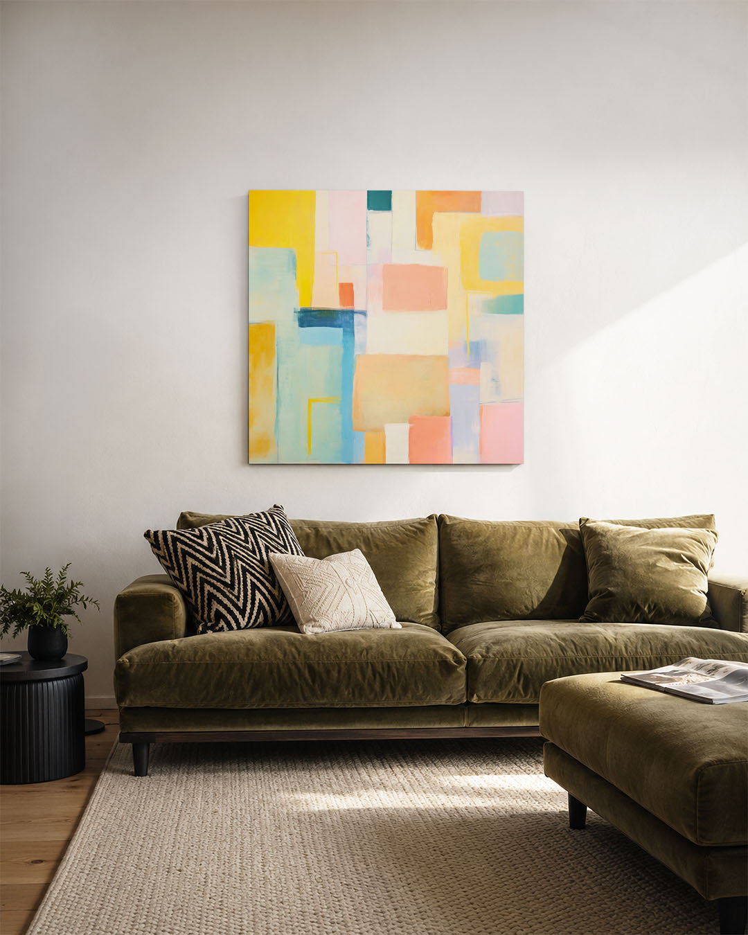 Kleurrijke geometrie kunstwerk – derde productweergave – dit werk toont een levendige compositie van rechthoeken in zachte