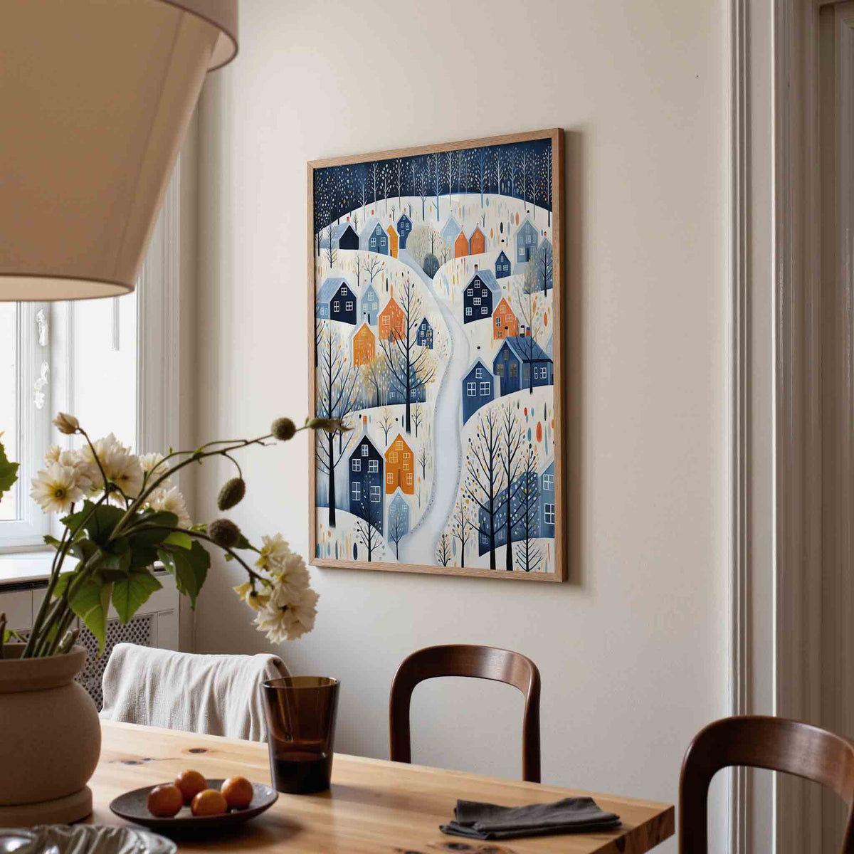 Winterdorp met kleurrijke huizen – kerstposter in staand formaat