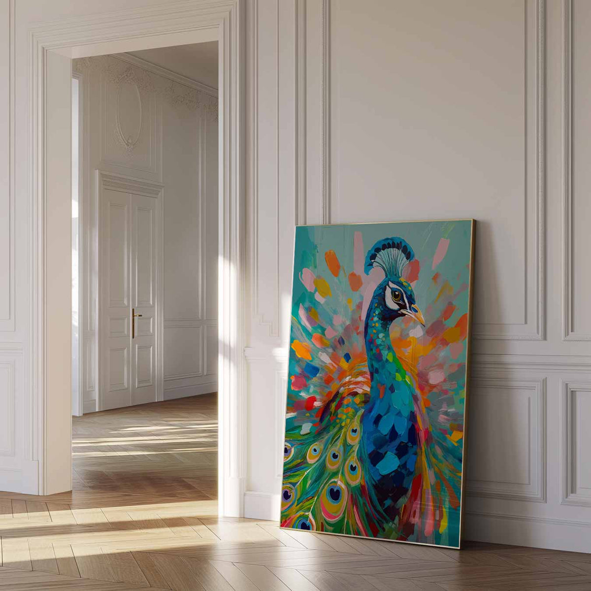 Kleurrijke Pauw Kunstposter – dierenposter als moderne staande wanddecoratie