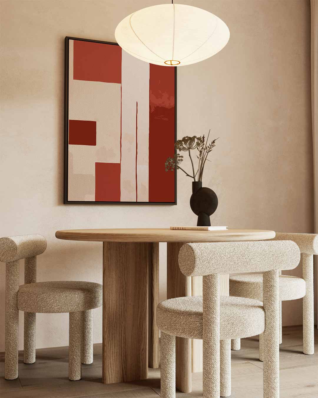 Abstracte Rood-Beige Compositie – kunstwerk met zwarte baklijst
