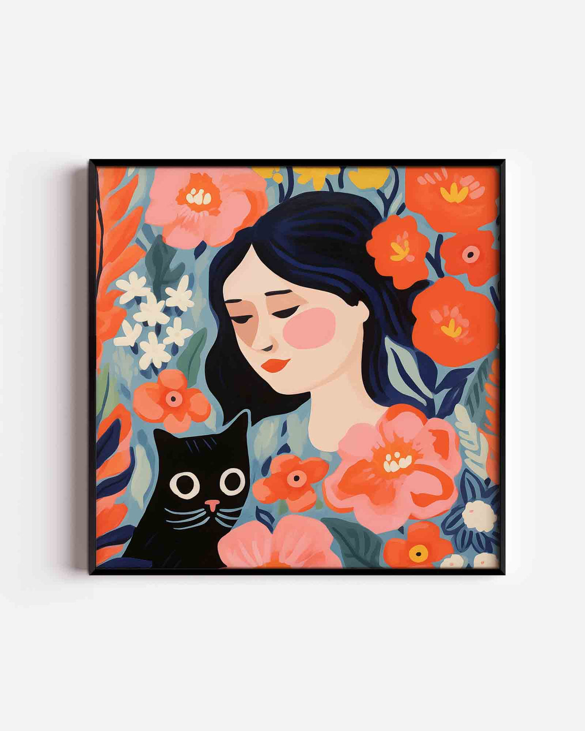 Vrouw en kat met bloemen – keuken vierkante poster als wanddecoratie