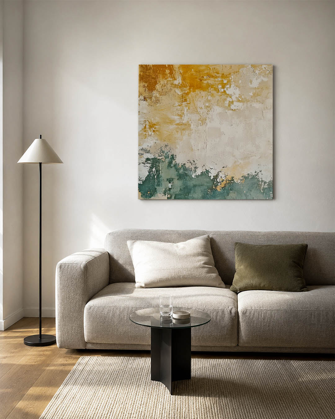Gelaagde kleurencompositie kunstwerk – vierkante wanddecoratie – dit werk toont een dynamisch spel van beige en groene