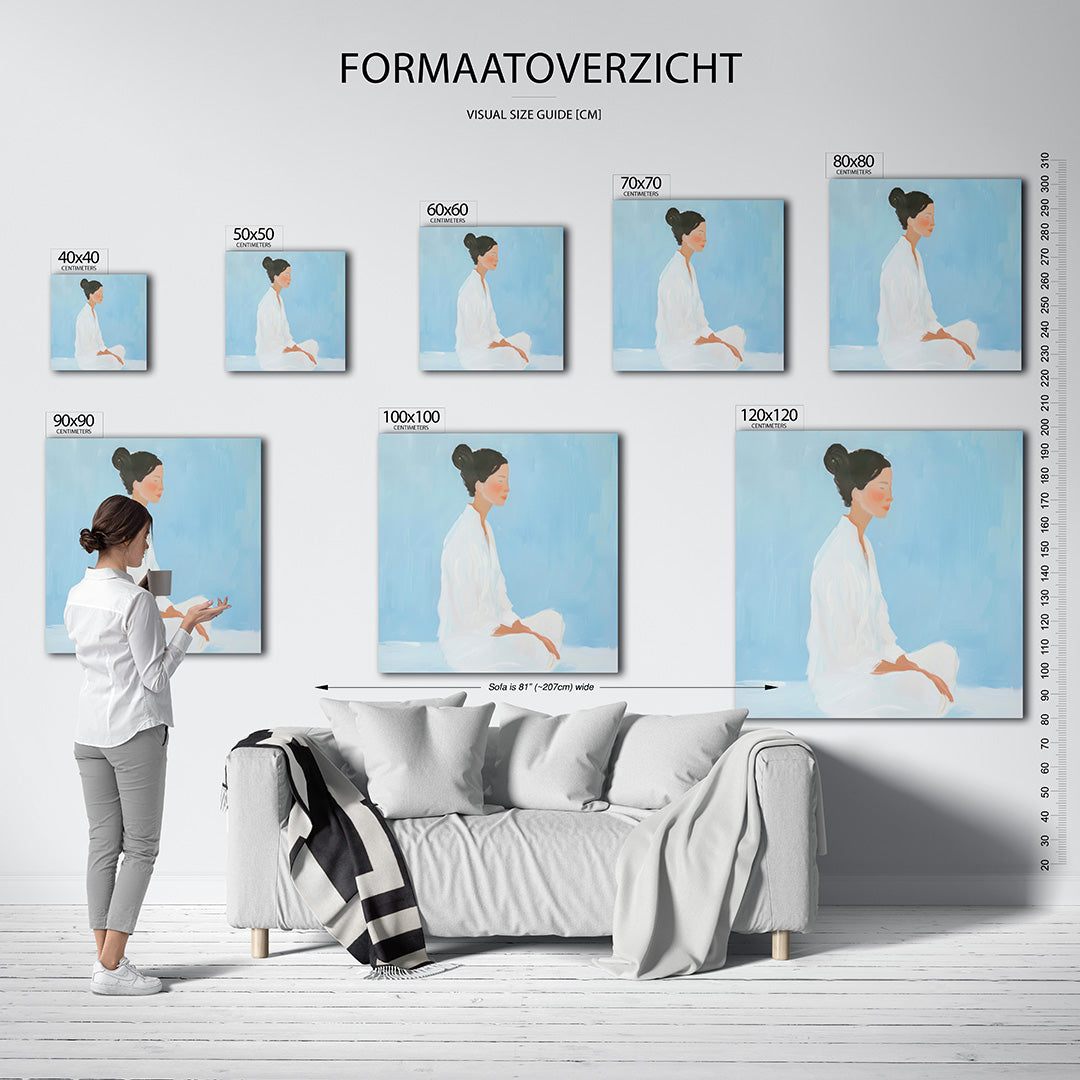 Serene meditatie kunstwerk – materiaalweergave – dit kunstwerk toont een zittende figuur in een rustige pose tegen een zachte