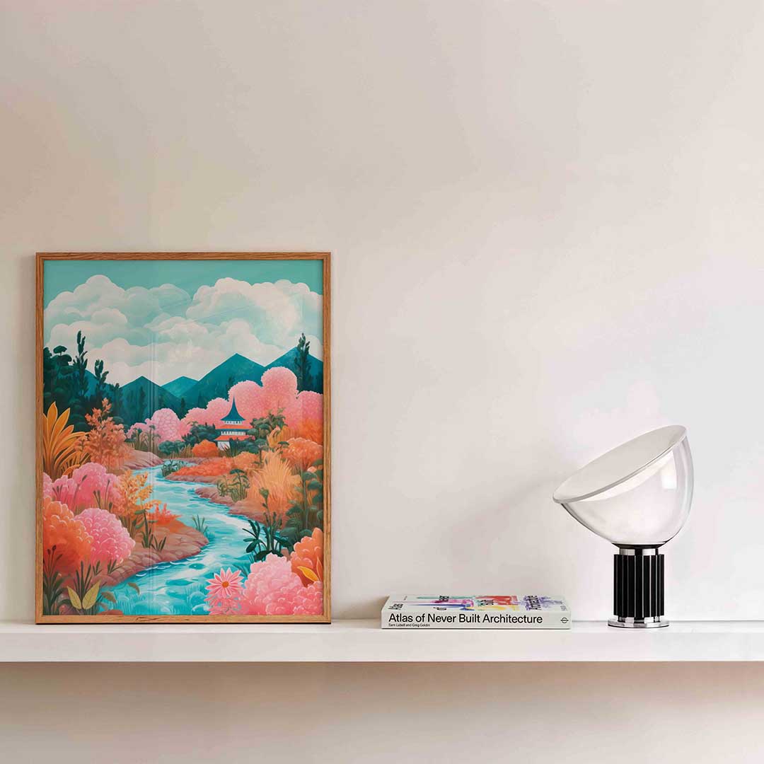 Landschap met rivier – kleurrijke illustratie als portret poster