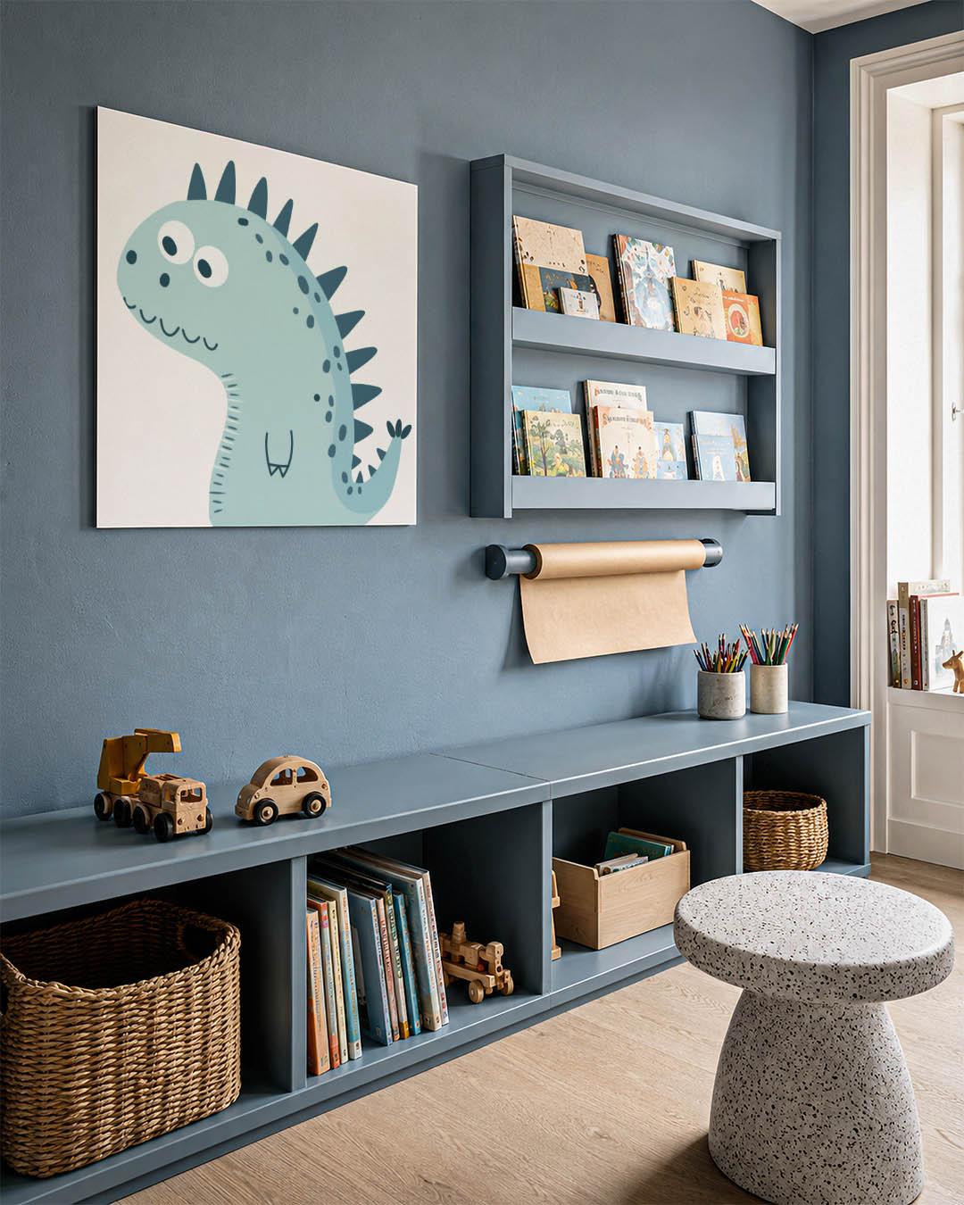 Speelse dino illustratie kunstwerk – detailweergave – dit kunstwerk toont een speelse dinosaurus met grote ogen en stekels.