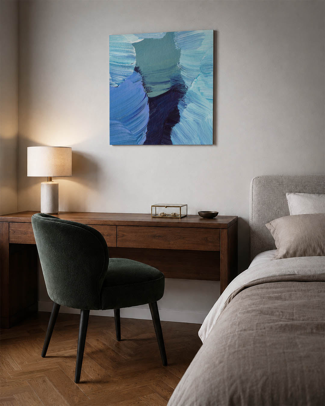 Dynamische blauwtinten kunstwerk – materiaalweergave – dit kunstwerk toont een levendige compositie van blauwe en groene