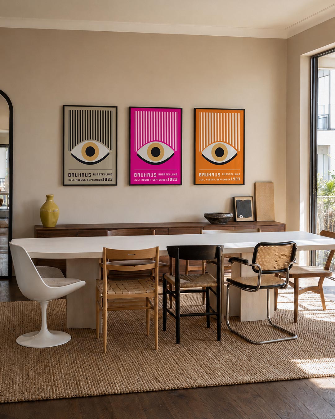 Oog en lijnen driedelige posterset – een groot oog met een oranje iris en zwarte pupil, omringd door verticale zwarte lijnen