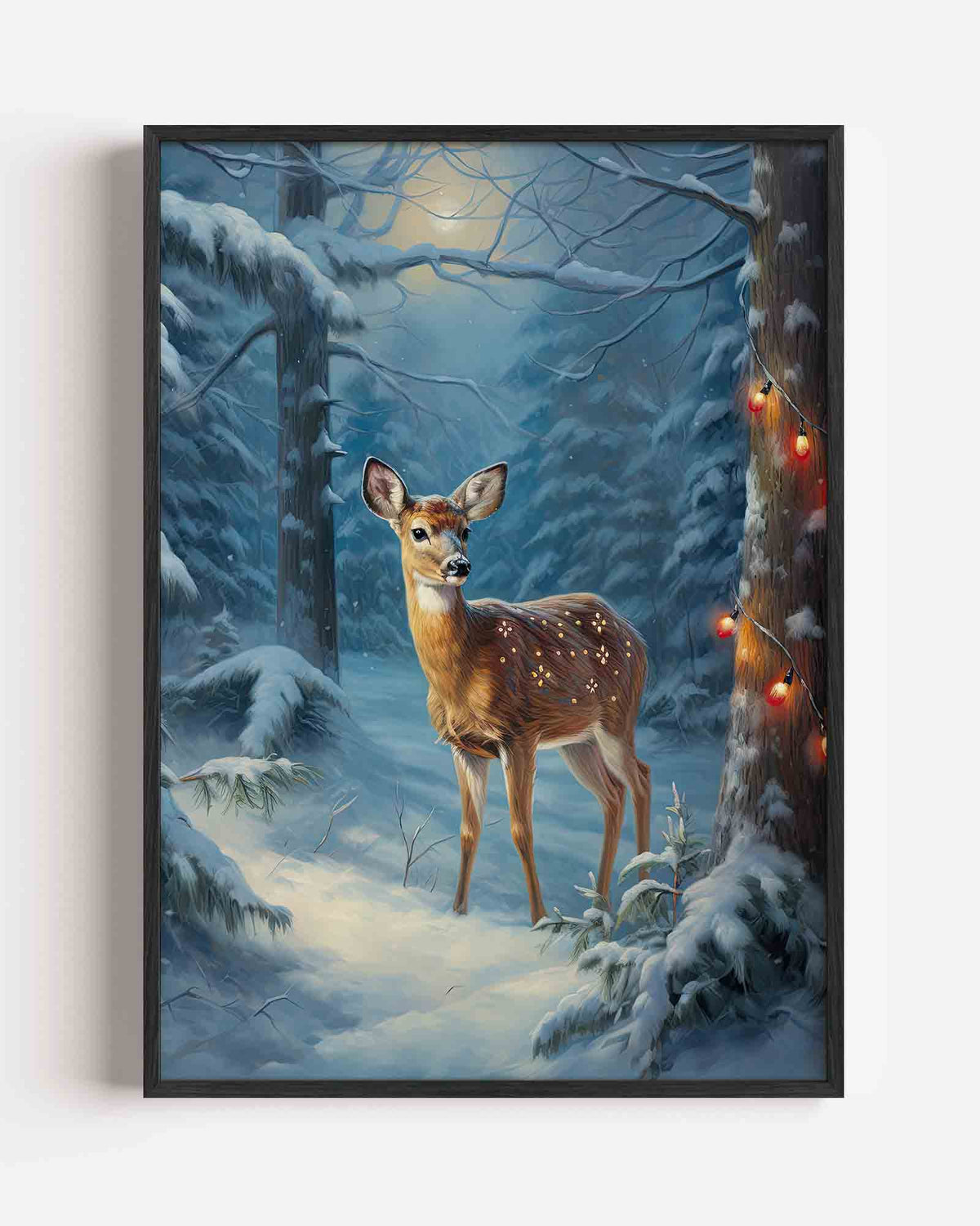 Hert in besneeuwd bos – kerst portret poster als wanddecoratie