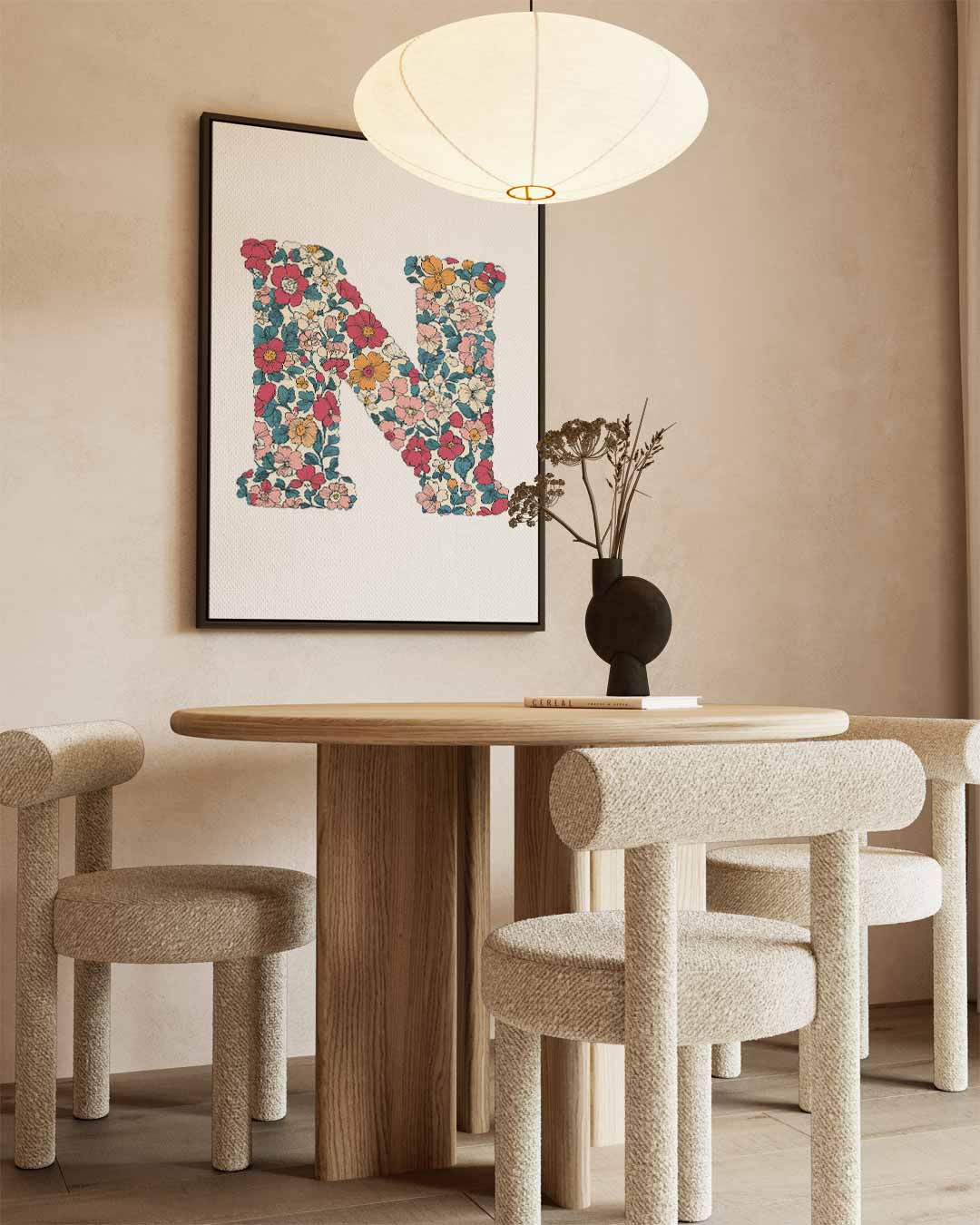 Bloemen Monogram N – kunstwerk met zwarte baklijst