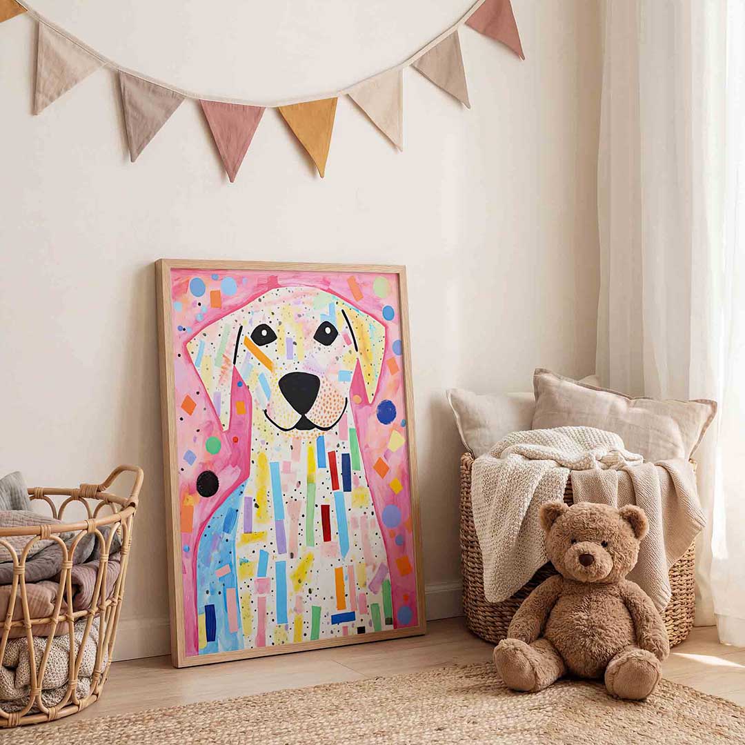 Vrolijke hond – speelse wandkunst als portret kinderposter
