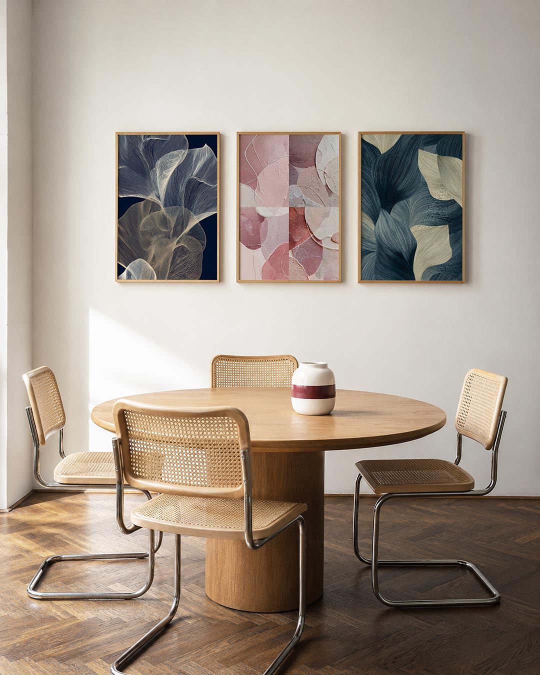 Lijnenspel en beweging driedelige posterset in interieur