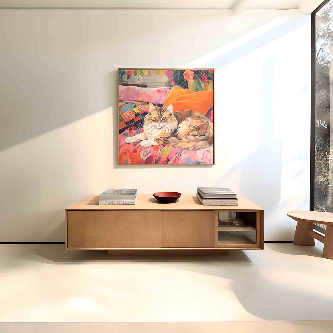 Kat op kleurrijke bank – vierkante dieren wanddecoratie van WallArtistic